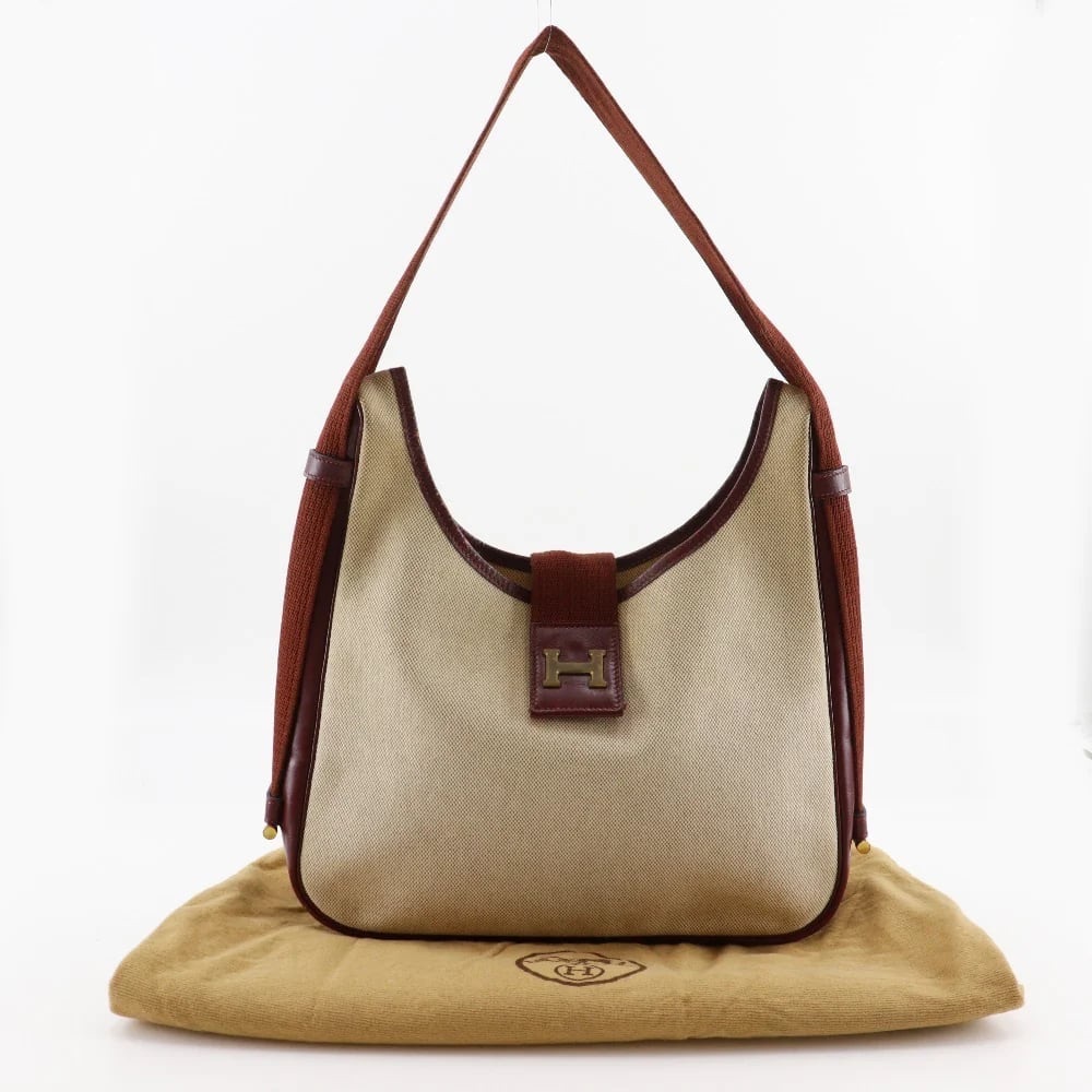 Authentic HERMES Vintage 1986 Toile Tsako 30 Natural Rouge shoulder bag